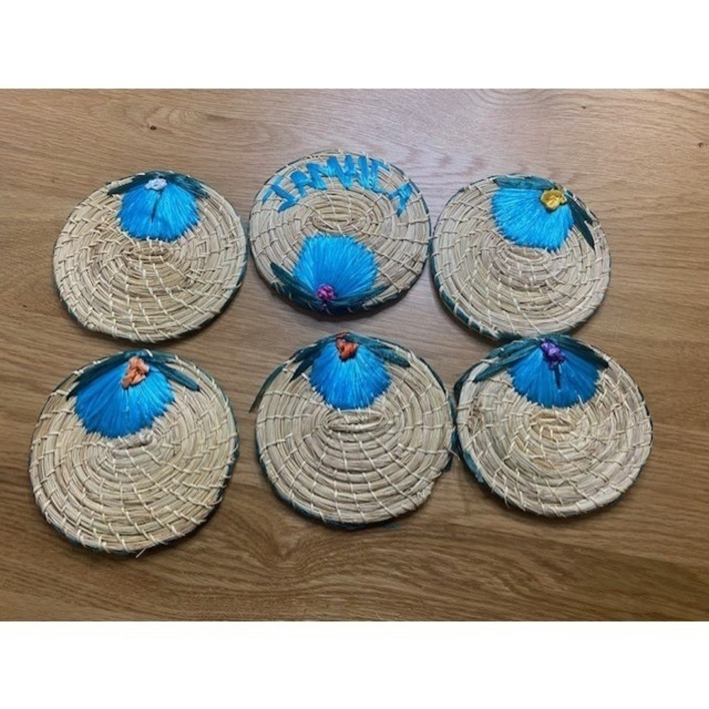 Unbranded Straw Coasters Set of 6 Tan Blue Good Jamaica Floral Woven Raffia